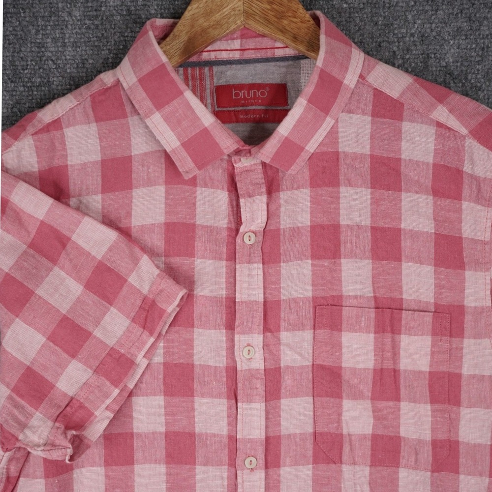 Bruno Milano Button Down Shirt Mens L Pink Gingham Check Short Sleeve Modern Fit